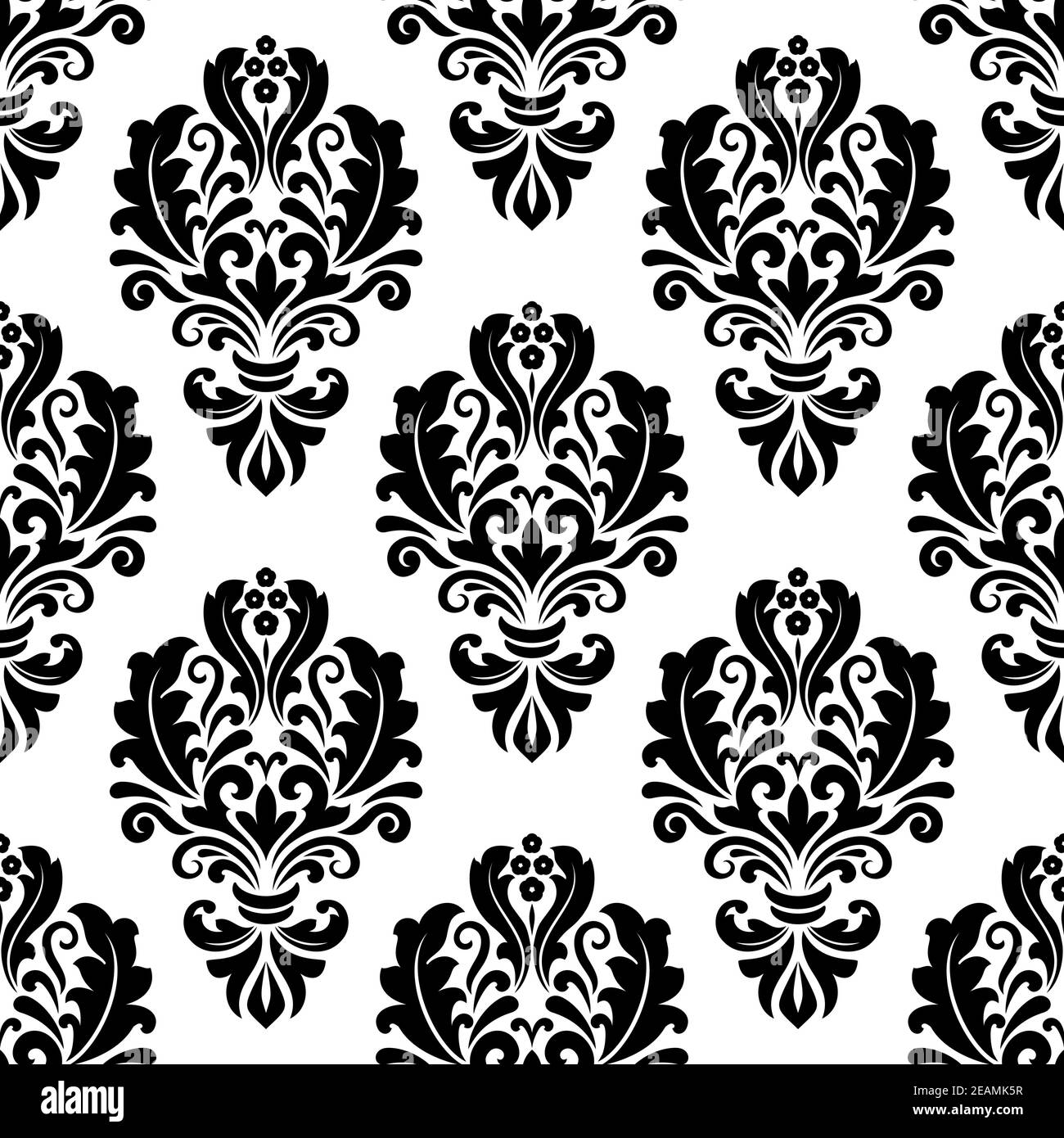 Seamless bold black colored floral arabesque pattern in damask style motifs suitable for wallpaper, tiles and fabric design isolated over white colore Stock Vector