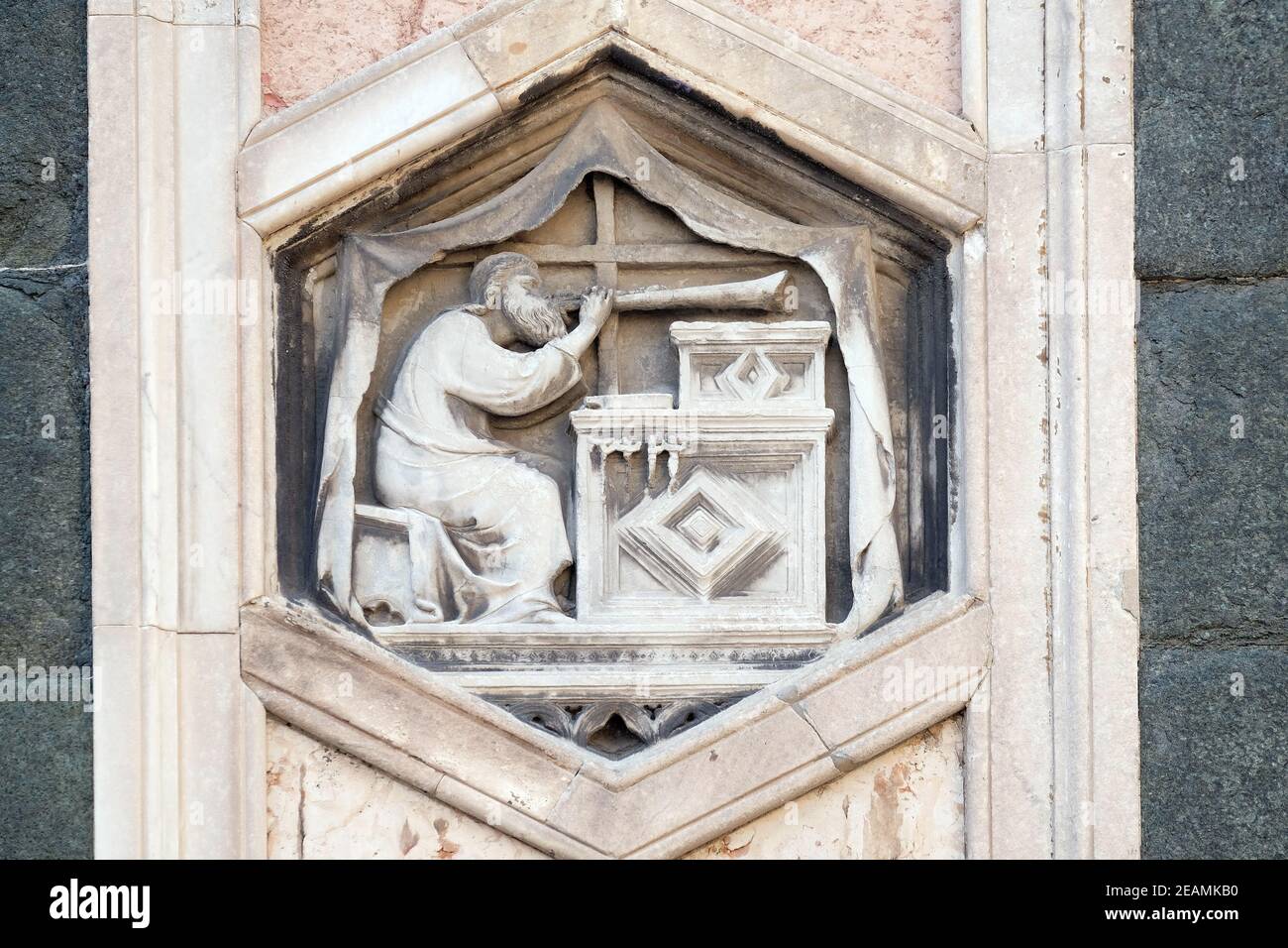 Jubal by Nino Pisano, 1334-36., Relief on Giotto Campanile of Cattedrale di Santa Maria del Fiore (Cathedral of Saint Mary of the Flower), Florence, Italy Stock Photo
