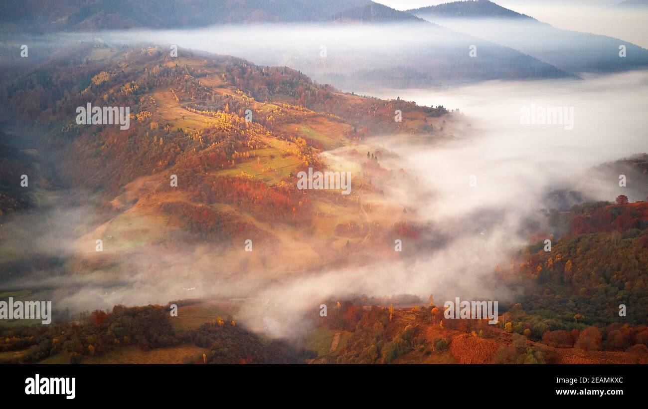 Beautiful Autumn mountain panorama. Landscape with meadow and colorful