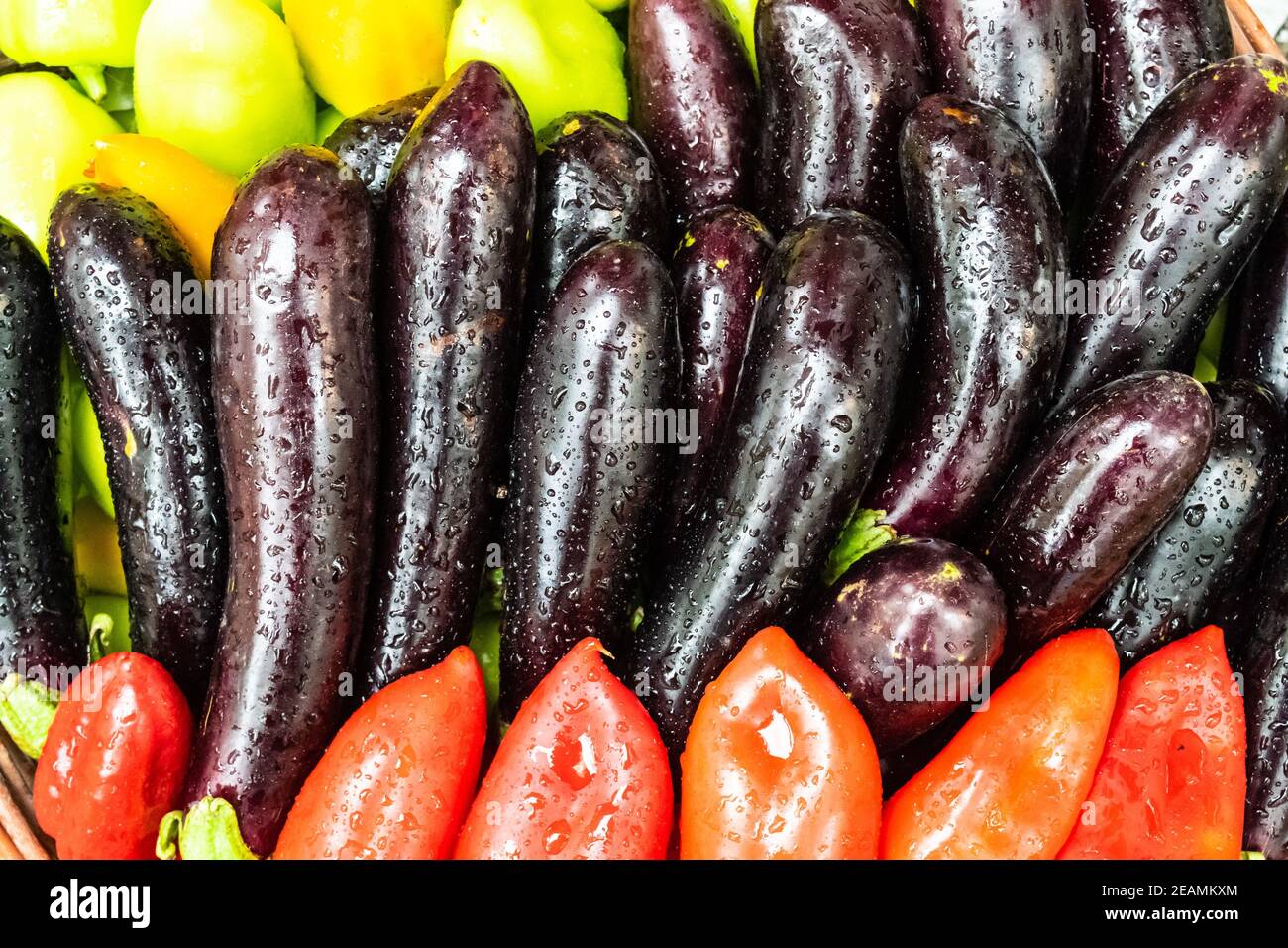 Eggplant and peppers combined together. red and green peppers Stock Photo