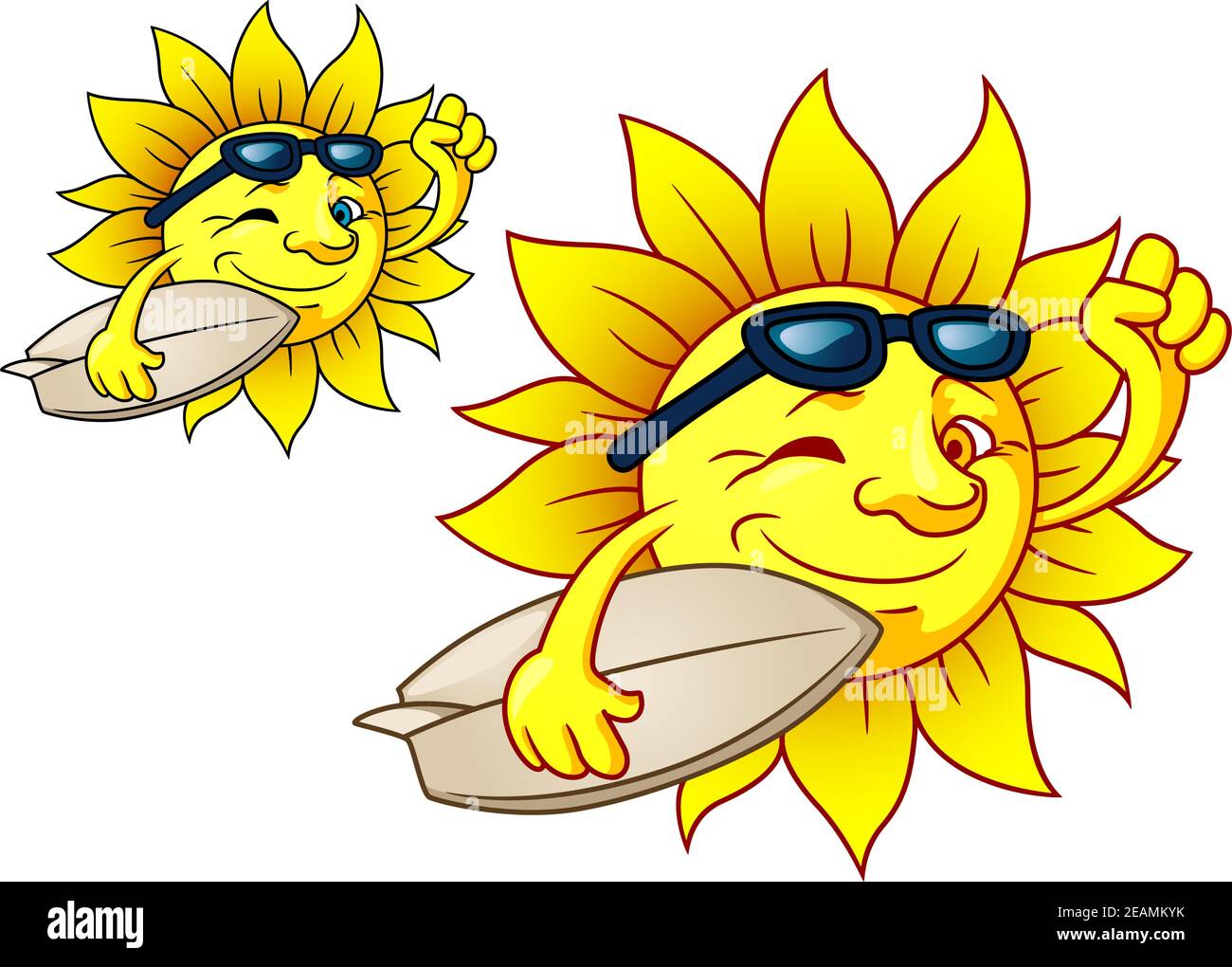 Cute cartoon bright yellow hot surfing sun with sunglasses carrying a surfboard, two color variations on white Stock Vector