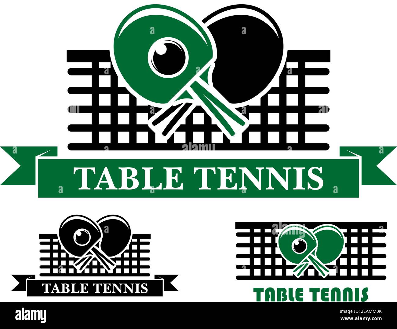 Three Table Tennis emblems and symbols with crossed bats over a net and
