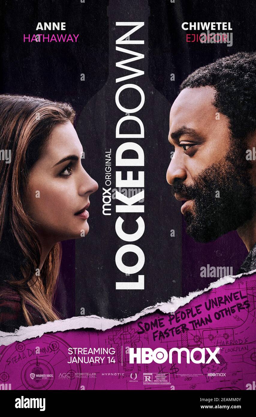 Locked Down (2021) directed by Doug Liman and starring Chiwetel Ejiofor, Anne Hathaway and Jazmyn Simon. A couple attempts a high-risk, high-stakes jewellery heist at a department store. Stock Photo
