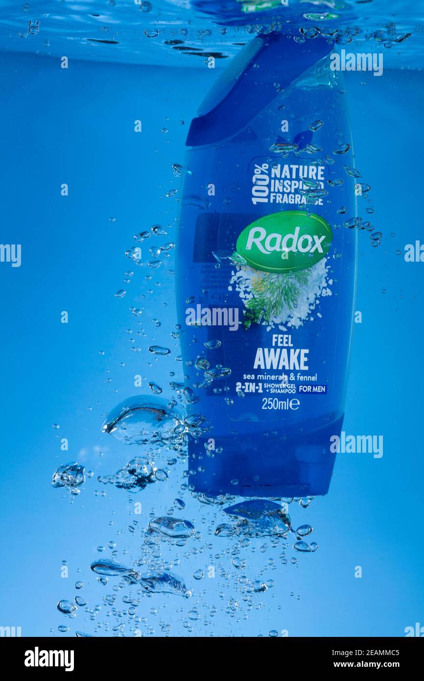 Freeze motion photo of Radox mens shower gel & shampoo underwater Stock