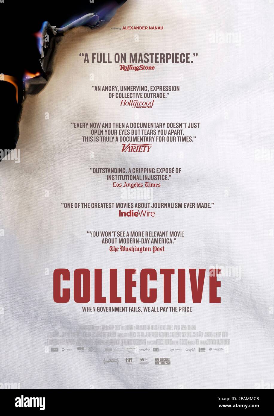 Collective (2019) directed by Alexander Nanau and starring Razvan Lutac, Mirela Neag and Catalin Tolontan. Documentary about investigators at a Romanian newspaper as they try to uncover a vast health-care fraud and led to the deaths of innocent citizens. Stock Photo