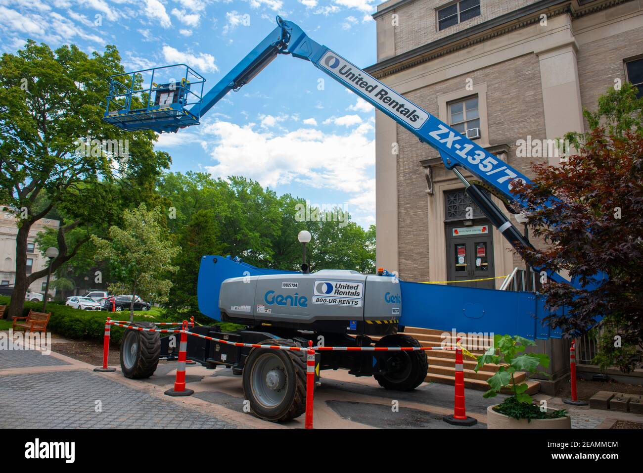 Aerial work platform on a construction site in downtown Cambridge