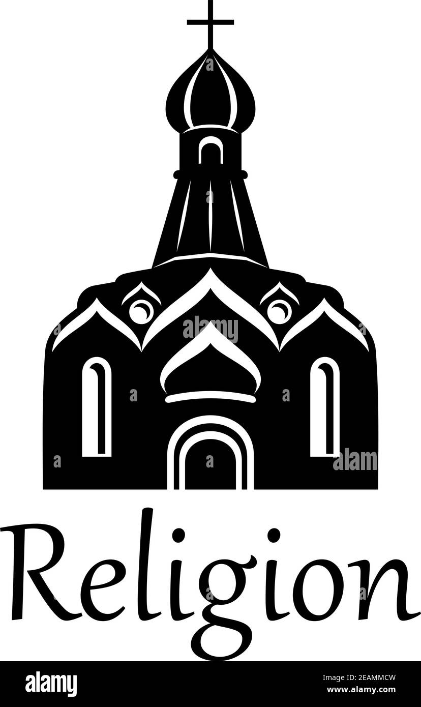 Facade of church with dome or cupola and cross with text "Religion" isolated on white background Stock Vector