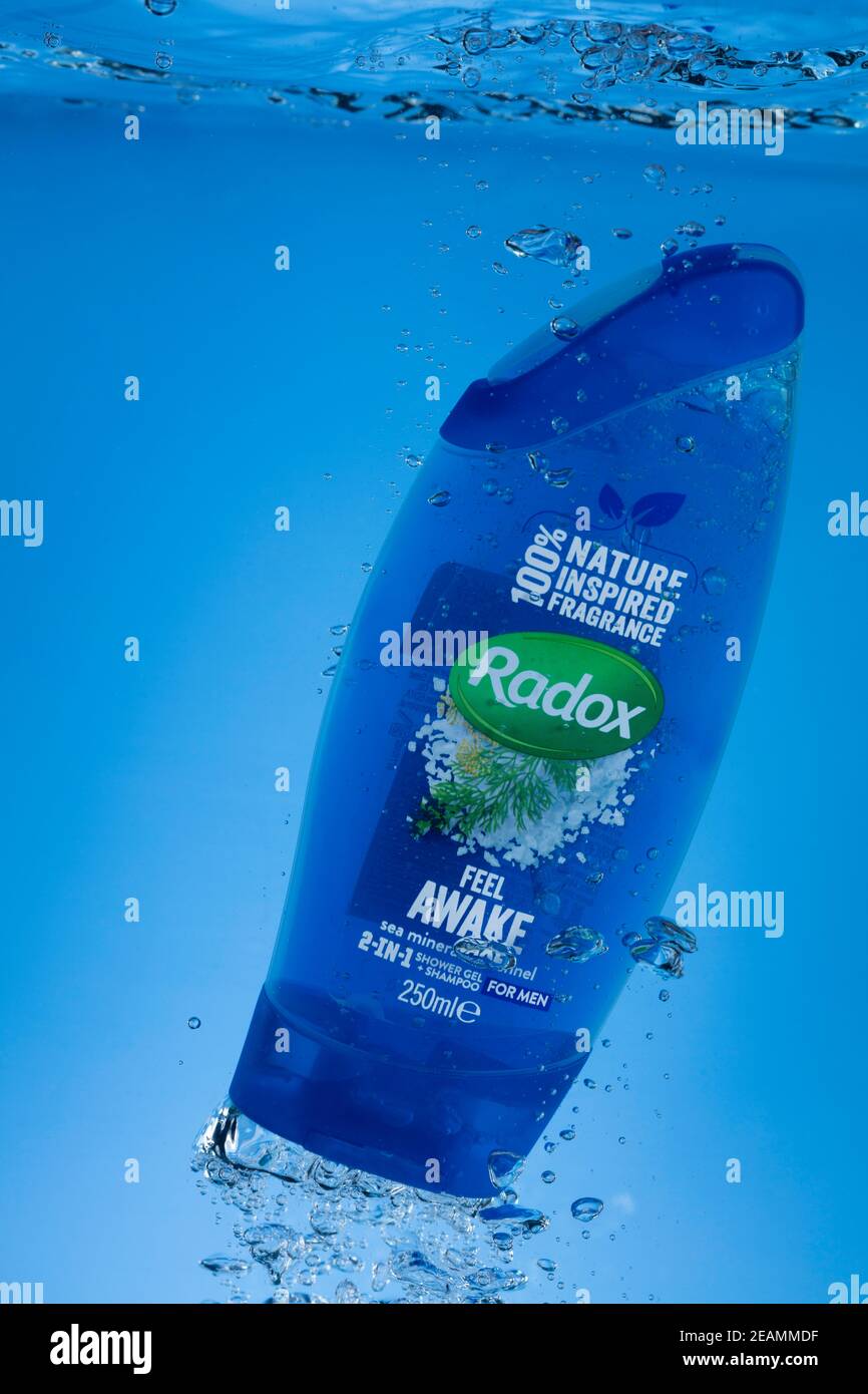 Freeze motion photo of Radox mens shower gel & shampoo underwater Stock