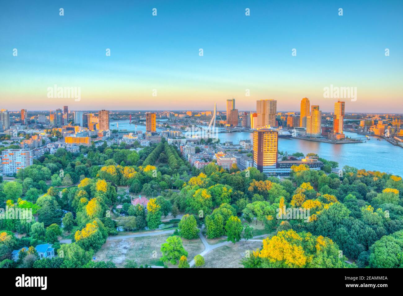 Rotterdam Sunset Sunset aerial view of Erasmus bridge and skyline of Rotterdam ...