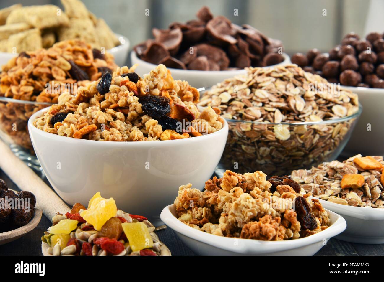 Composition with different sorts of breakfast cereal products Stock Photo