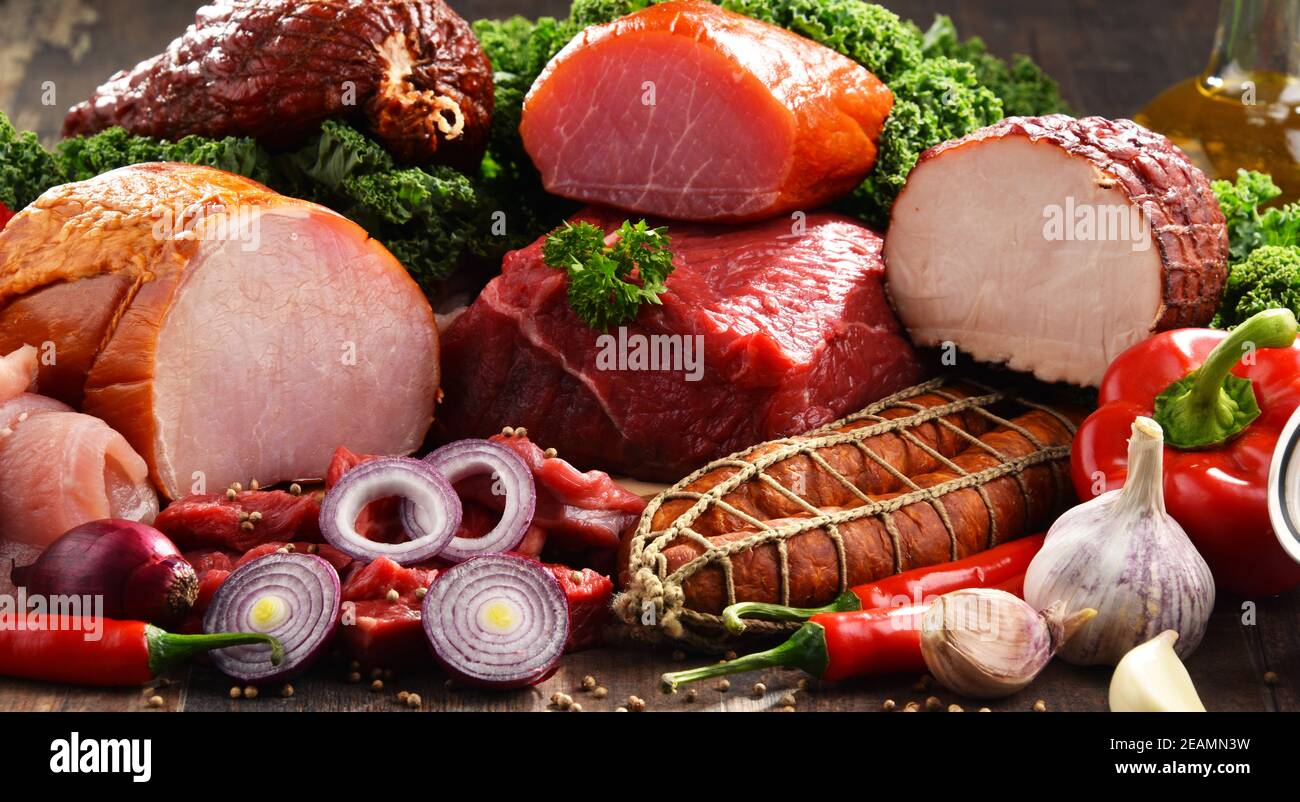 Variety of meat products including ham and sausages Stock Photo Alamy