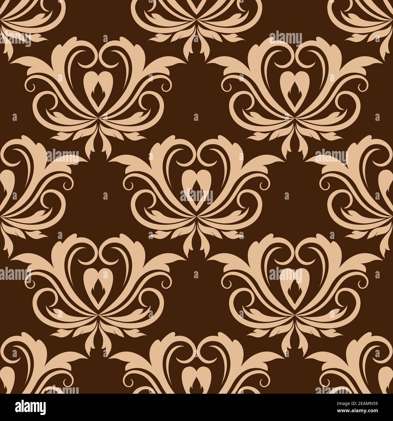 Damask style beige colored floral seamless pattern for tiles, wallpaper or fabric design in square format isolated over brown background Stock Vector