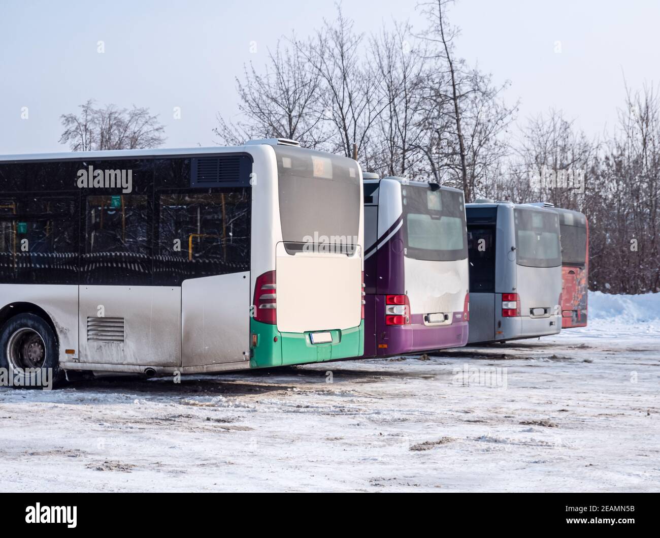 Bus stand in the bus station because of the snow chaos Stock Photo