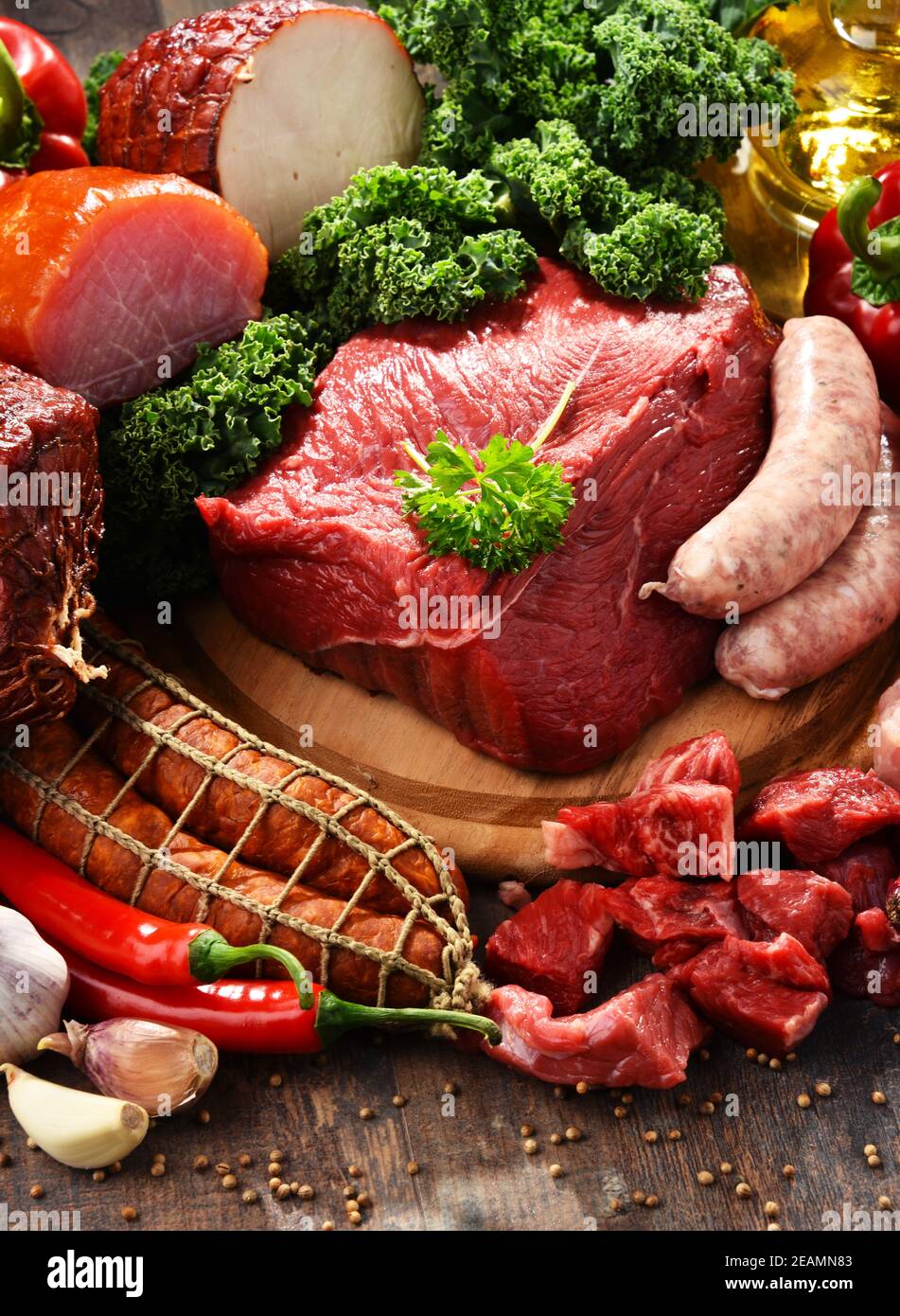 Variety of meat products including ham and sausages Stock Photo Alamy