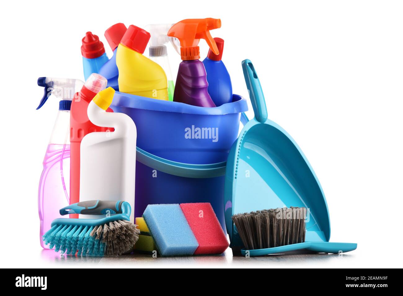Variety of detergent bottles and chemical cleaning supplies Stock Photo