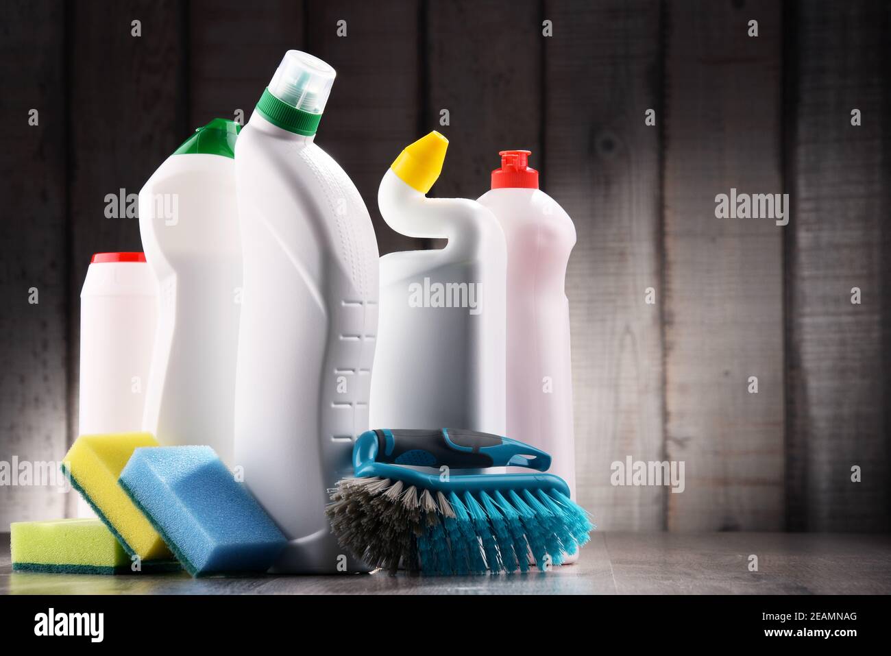 Variety of detergent bottles and chemical cleaning supplies Stock Photo