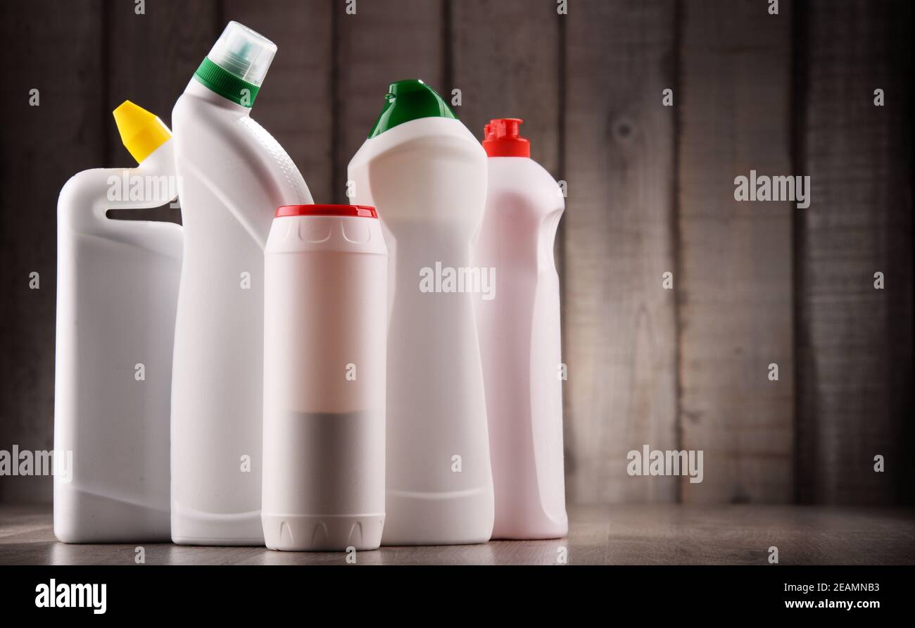 Variety of detergent bottles and chemical cleaning supplies Stock Photo