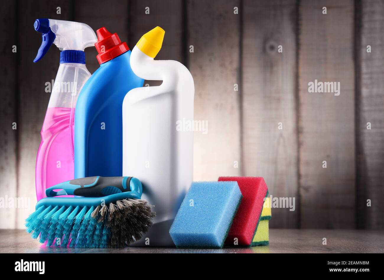 Variety of detergent bottles and chemical cleaning supplies Stock Photo