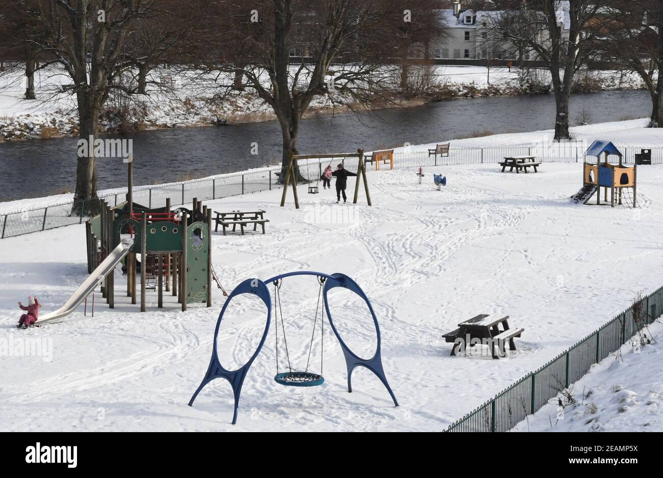 Weather.Kingsmeadows Playpark, Peebles.Scottish Borders. UK. 10th Feb 2021The calm after the storm Darcy . Down by the River Tweed Peebles. Credit: eric mccowat/Alamy Live News Stock Photo