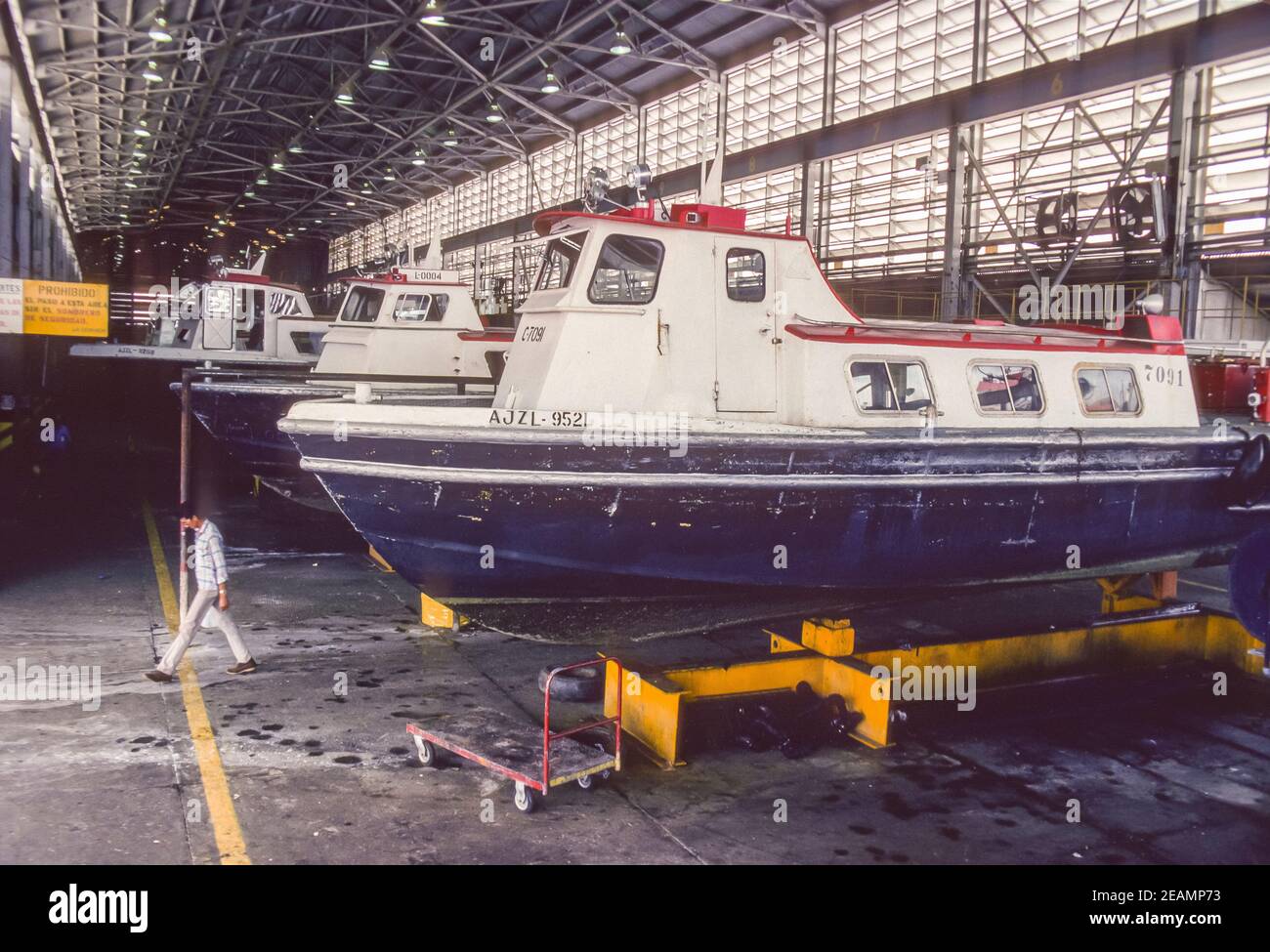 LAKE MARACAIBO, VENEZUELA, OCTOBER 1988 - Boat is dry dock repairs, Lagoven oil company, in Zulia State. Stock Photo