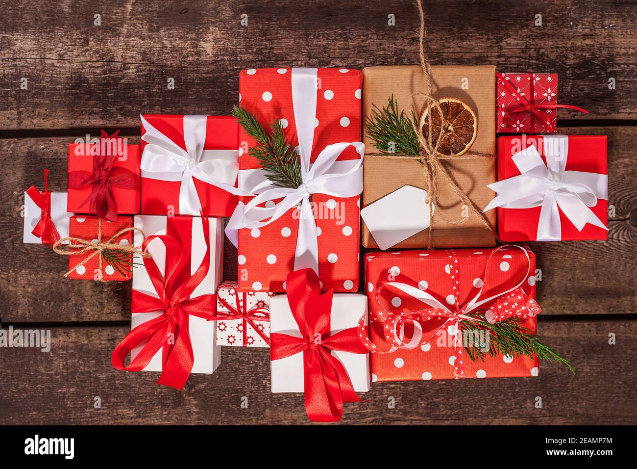 Handmade wrapped christmas gift boxes on celebrate background Stock