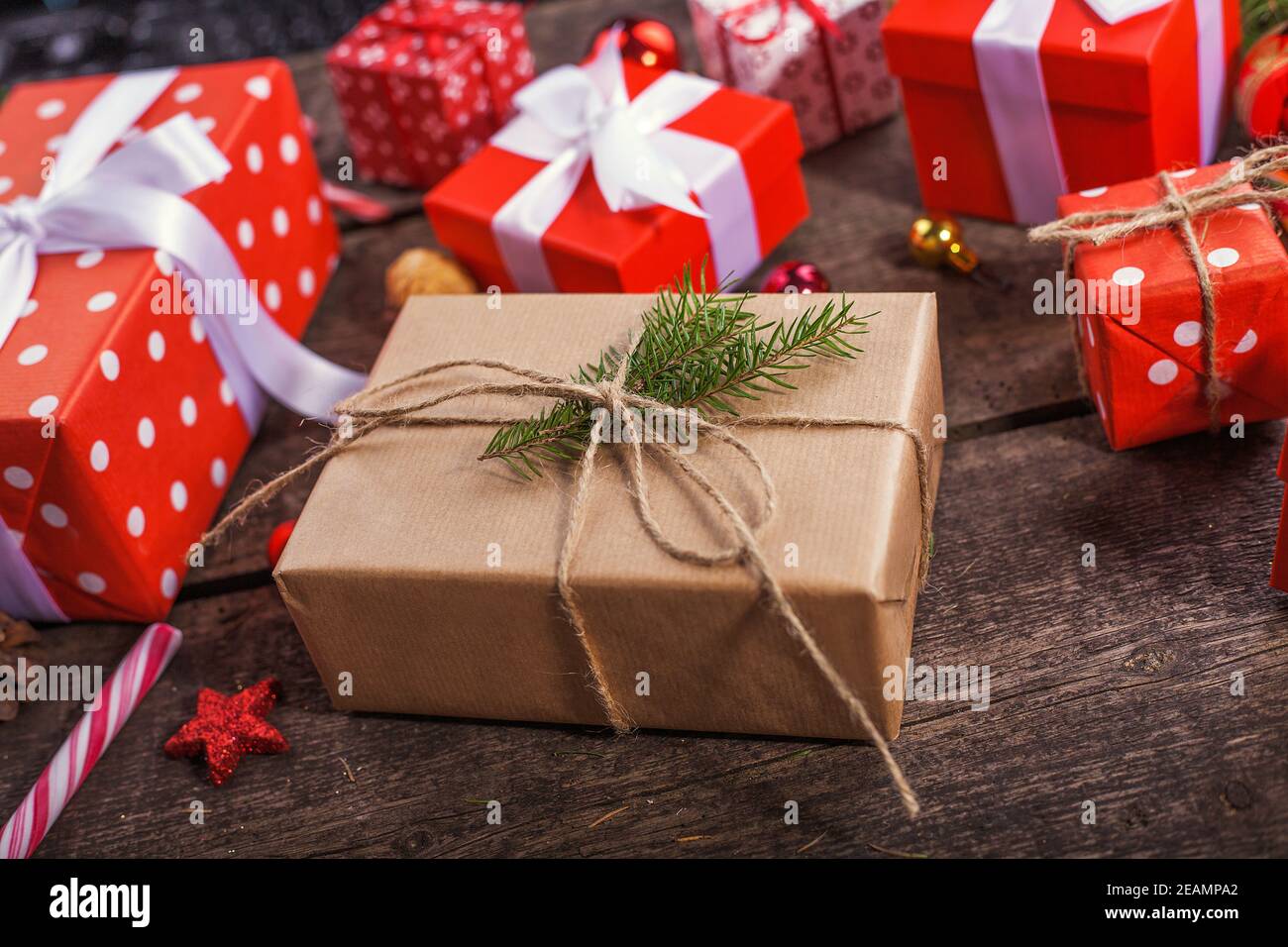 Handmade wrapped christmas gift boxes on celebrate background Stock