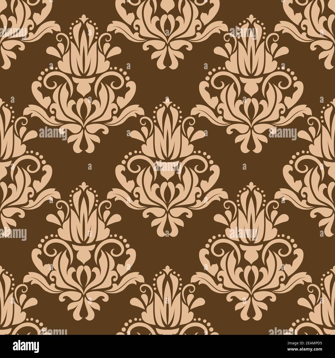 Seamless brown colored floral arabesque pattern in damask style motifs suitable for wallpaper, tiles and fabric design in square format Stock Vector