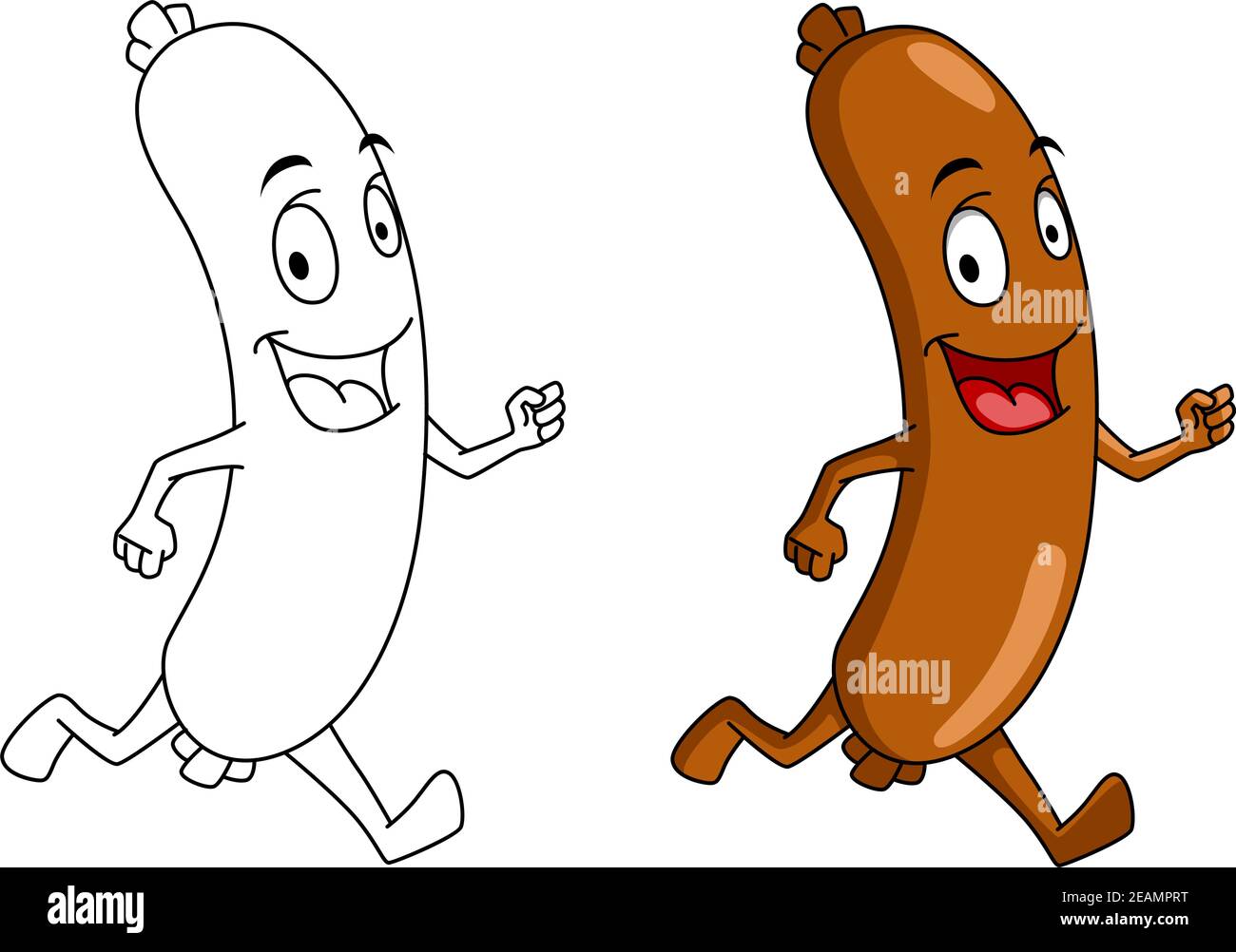 Running cartoon sausage with color and outline versions for fast food
