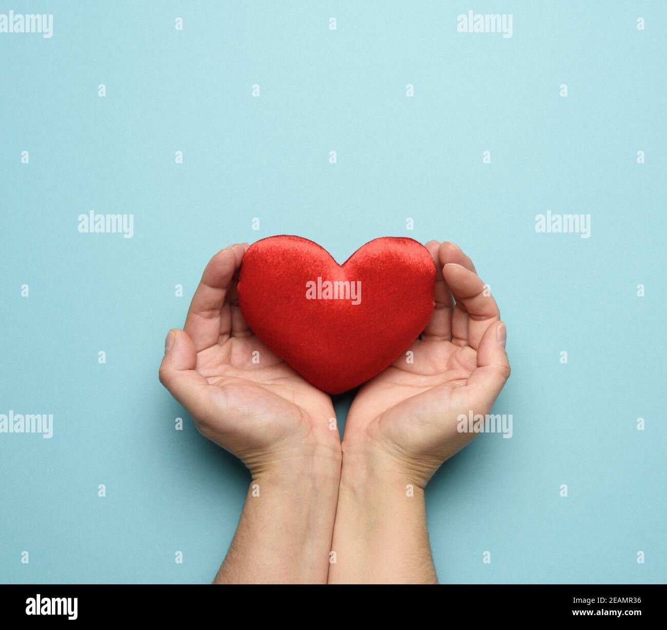 female hands holds red textile heart, blue background Stock Photo