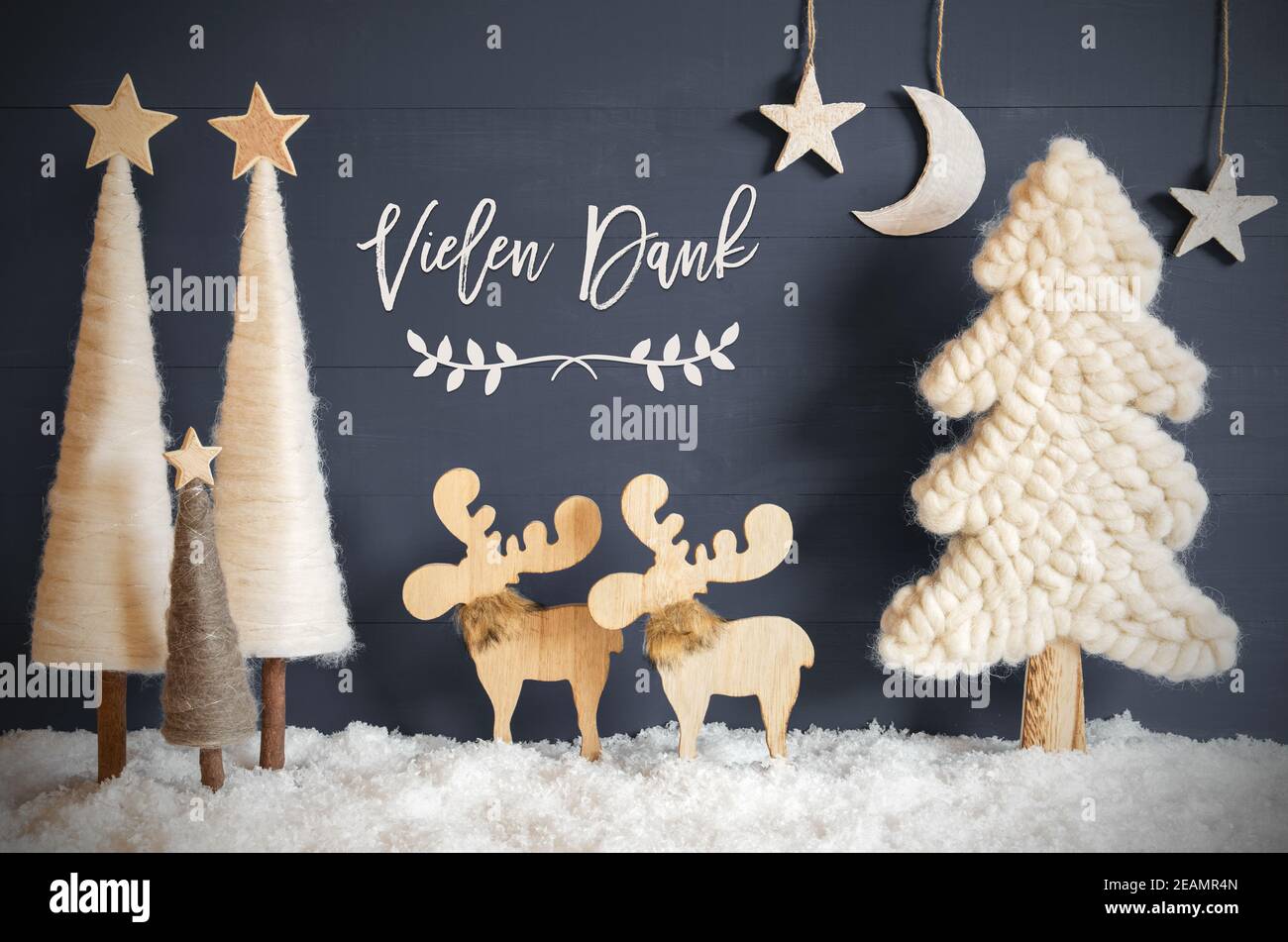 Christmas Tree, Moose, Moon, Stars, Snow, Vielen Dank Means Thank You Stock Photo