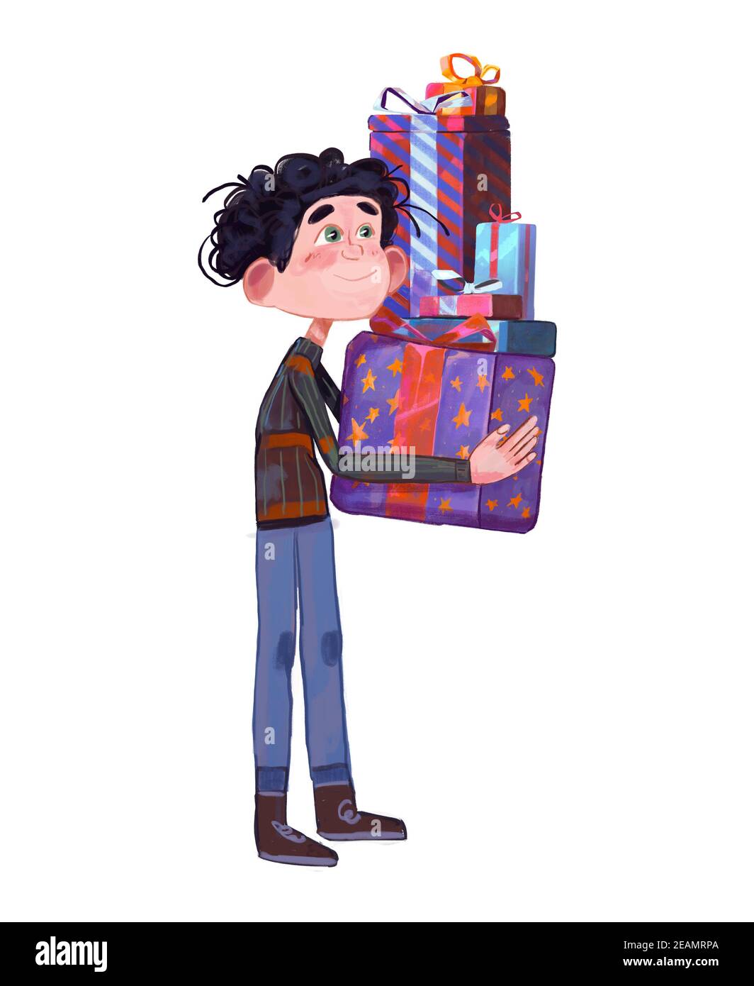 Shy boy holding big Christmas Presents and gift for Christmas. Watercolor illustration cartoon. Character design isolated on white. Holidays concept Stock Photo