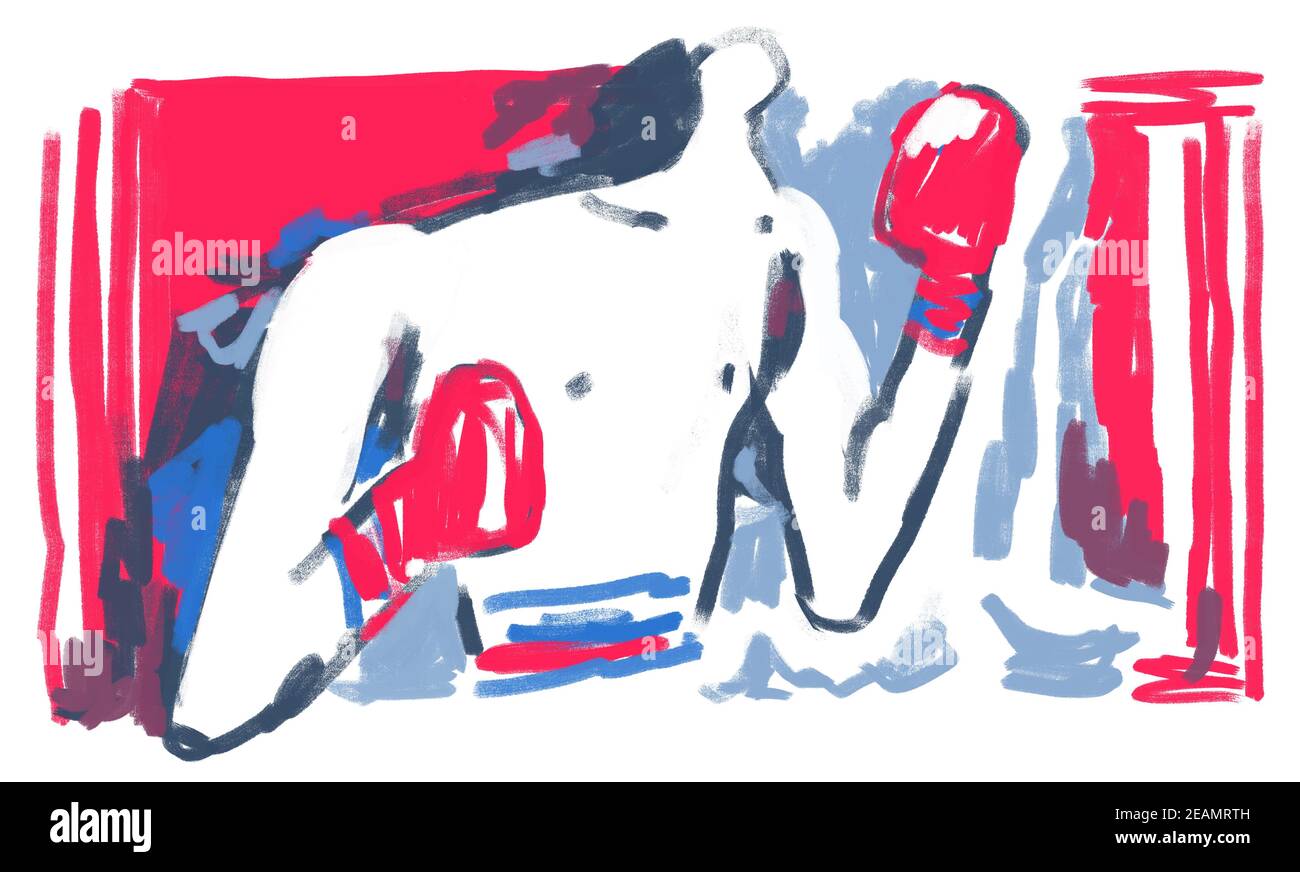Boxer illustration ready to fight. Painting Rough and Modern Graffiti illustration. Paint With bold line red and blue. For Print and Poster Stock Photo
