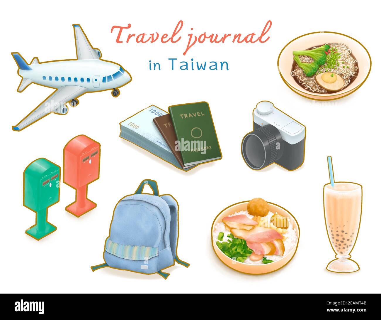 Travel Journal in Taiwan collection, digital painting of airplane, passport, post box, backpack, camera, train lunch box, Taiwanese noodles, bubble te Stock Photo