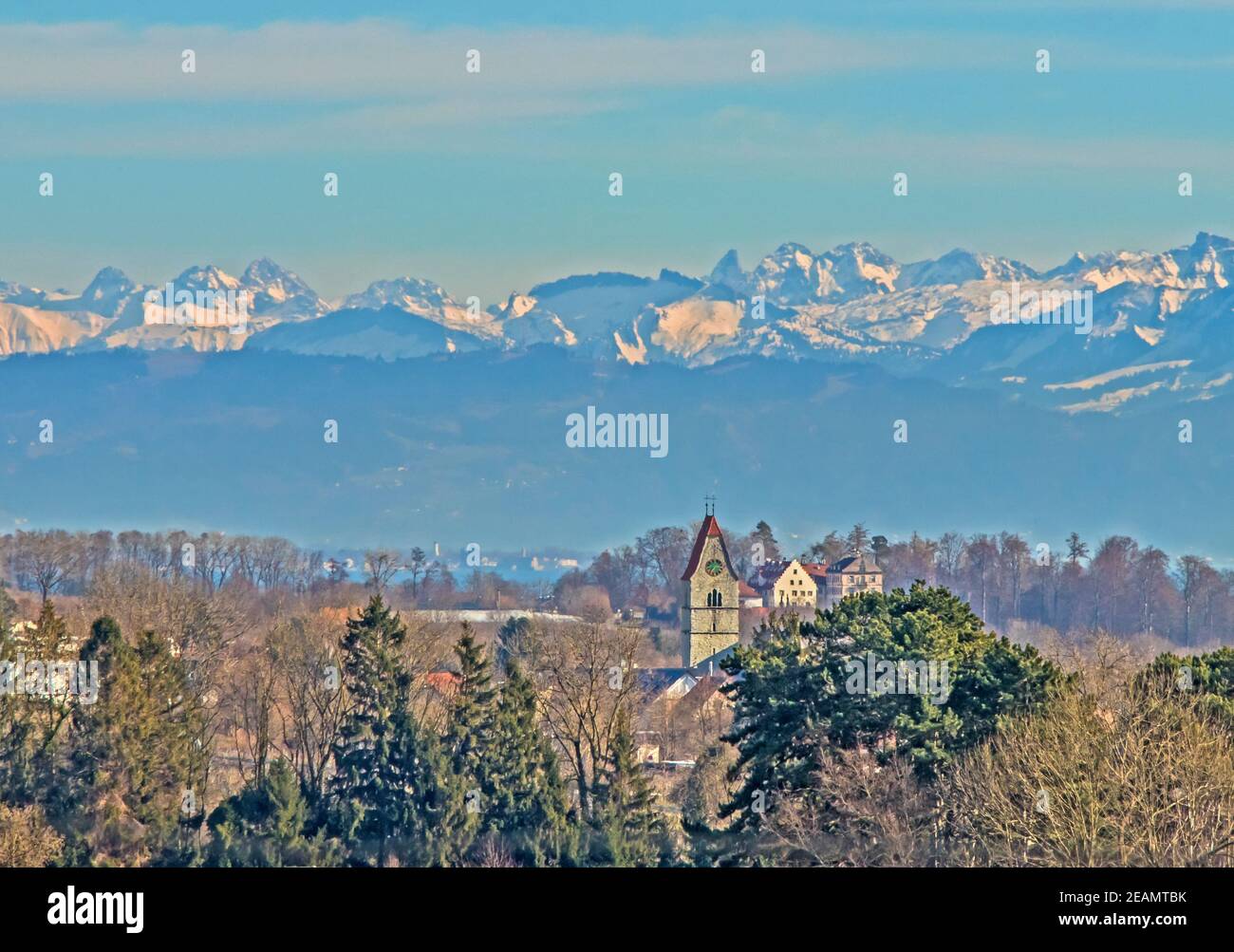 Alpine panorama Hagnau on Lake Constance Stock Photo