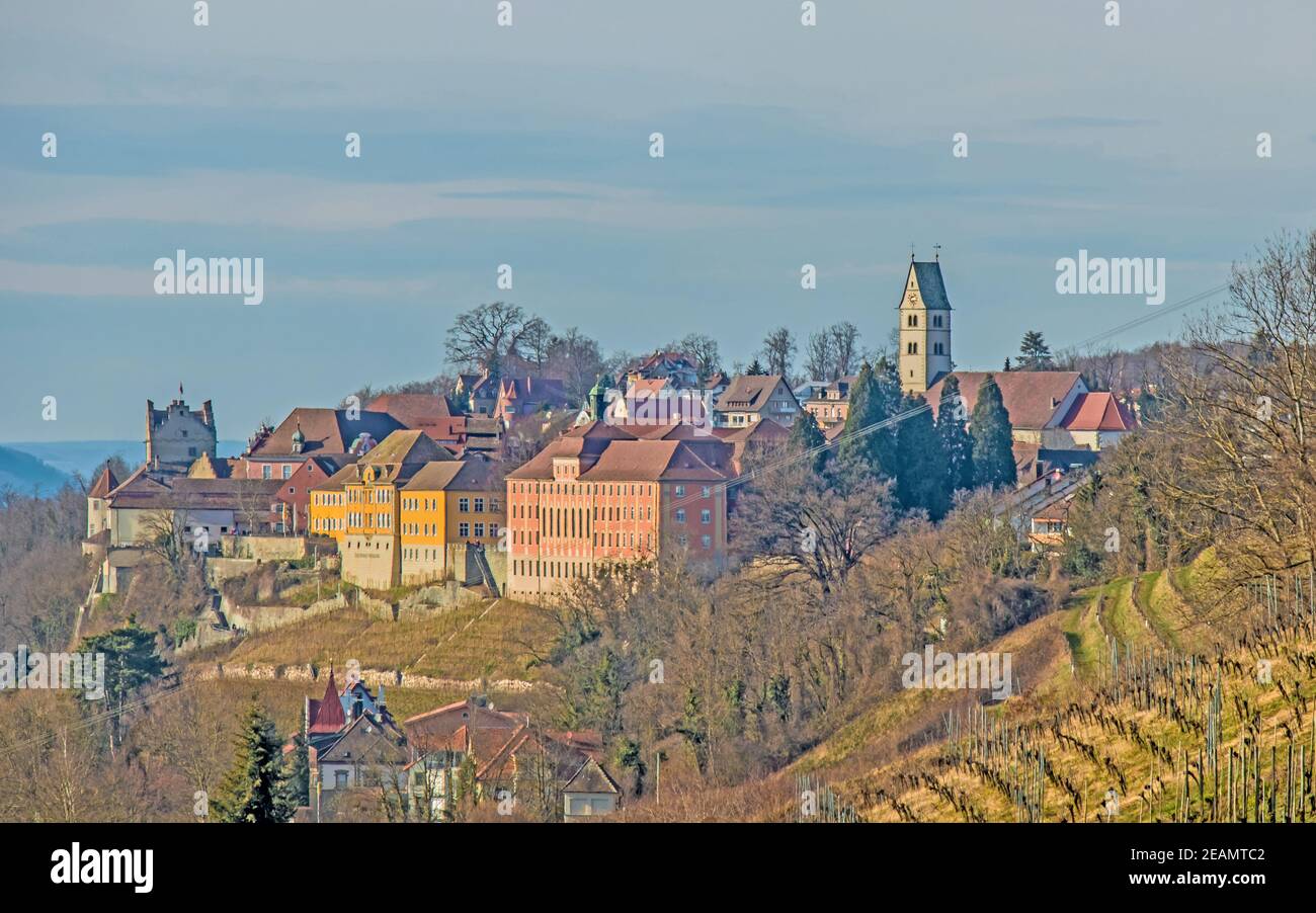 Meersburg on Lake Constance with parish church and castle Stock Photo