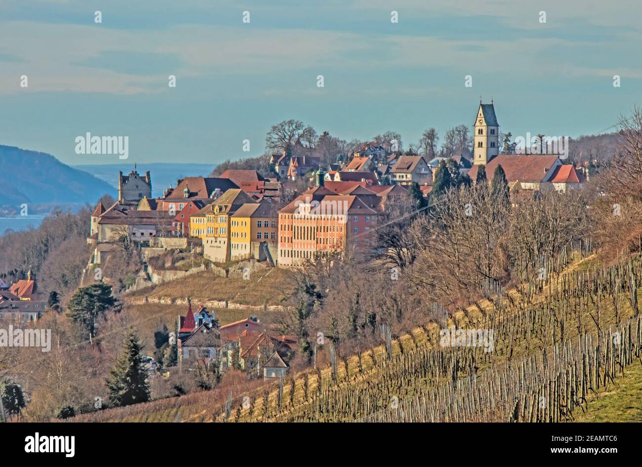 Meersburg on Lake Constance with parish church and castle Stock Photo