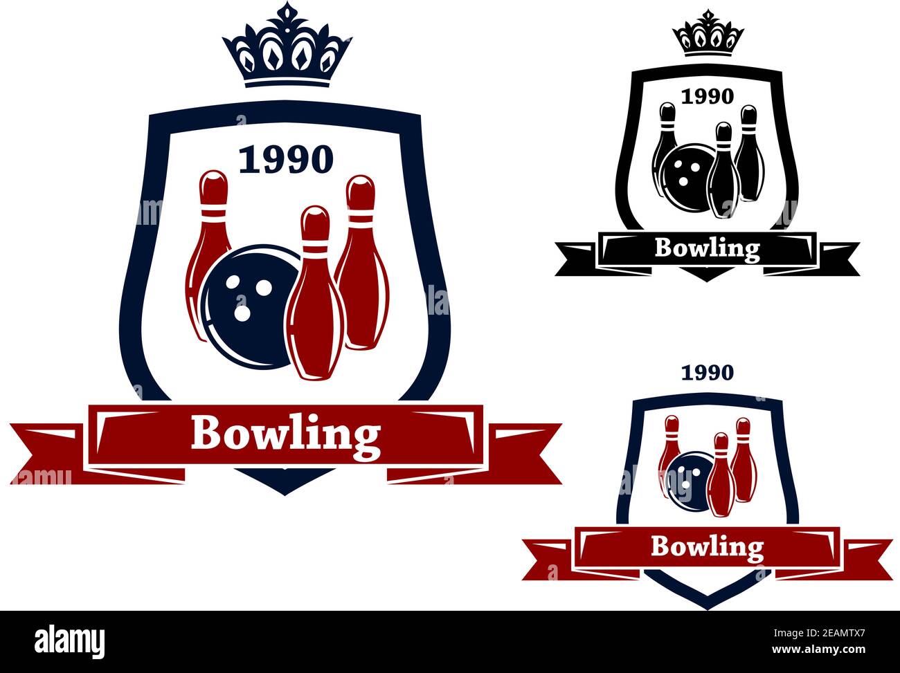 Three different bowling badges or emblems with pins and a bowling ball inside a shield with a ribbon banner containing the text - Bowling - two with c Stock Vector