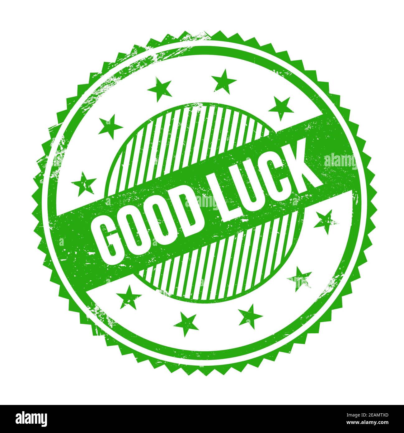 GOOD LUCK text written on green grungy zig zag borders round stamp. Stock Photo