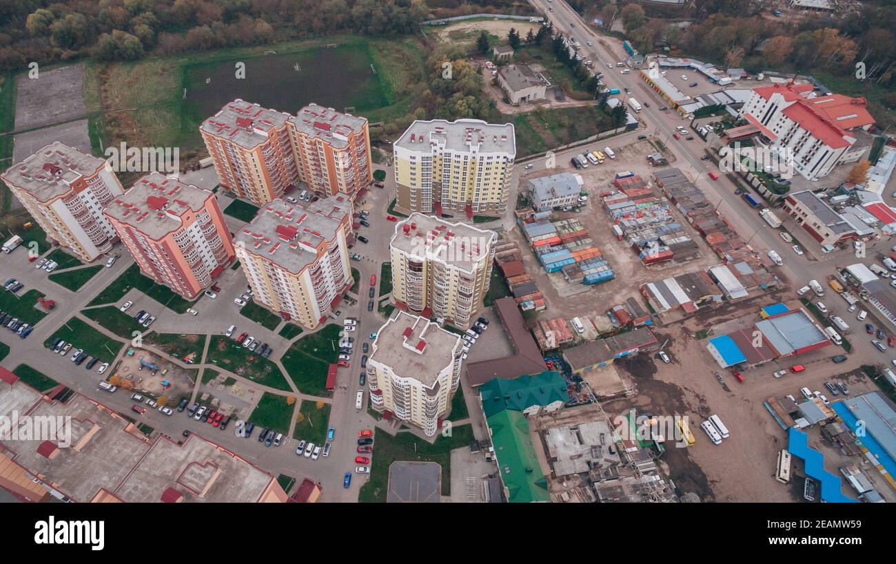 Aerial View of New Microdistrict in the Town Stock Photo