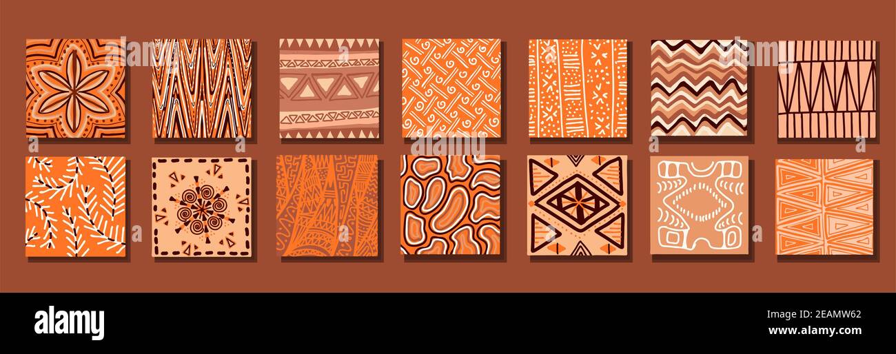 Set of tiles in trendy style. Beautiful color. Decorative symbol. Nature illustration. Trendy retro style. Folk style Stock Photo
