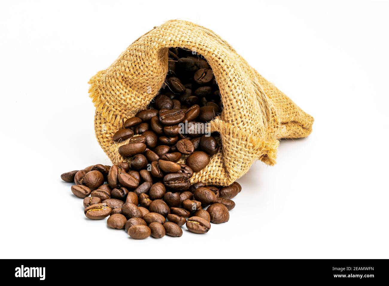 Coffee beans in a sack on white background. Coffee beans in a bag. Stock Photo