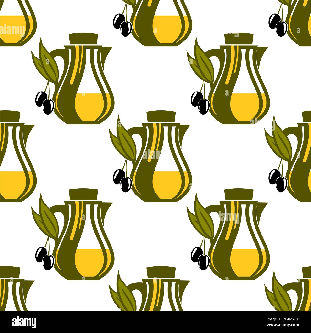 Seamless pattern of olive oil decanters in green and yellow with ripe olives hanging from the handle, repeat motif cartoon vector illustration on whit Stock Vector