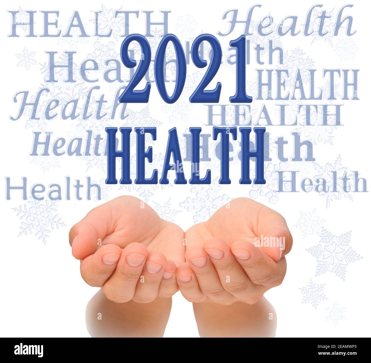 Health Happy new year greeting card 2021, health concept, text Health, greeting card 2021, woman's open palms of two hands with word HEALTH  and 2021 number above, surrounded by Health words and snowflakes, Happy New year 2021, 2021 New Year greeting card Stock Photo