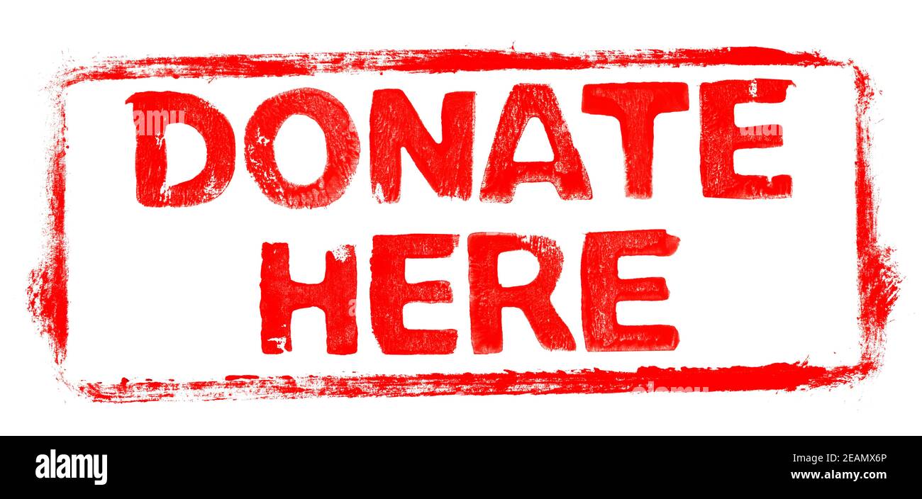 Red stencil frame Donate here banner Stock Photo Alamy
