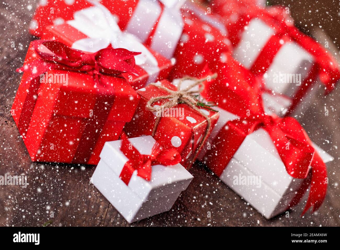 Handmade wrapped christmas gift boxes on celebrate background Stock