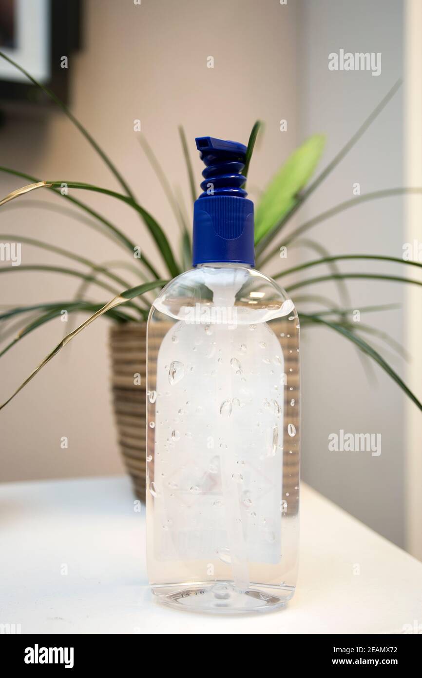 Bottle of hand sanitizer, antimicrobial liquid gel, germ prevention or