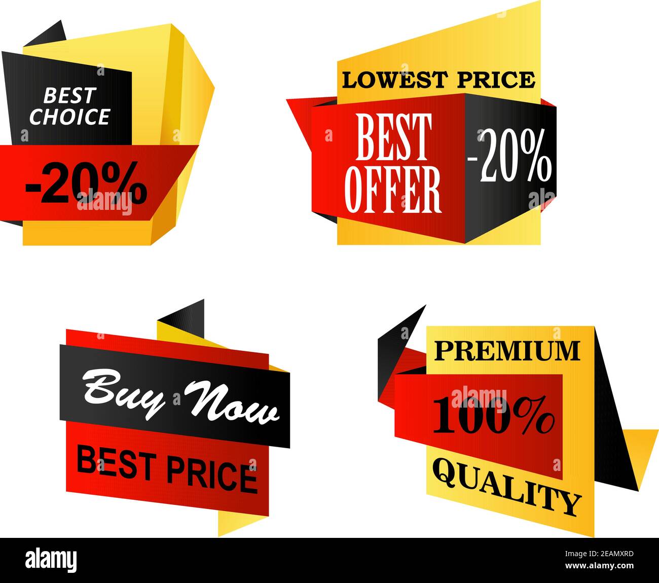 Set of origami business labels depicting lowest price or premium quality, best offer, buy now and a best choice in yellow, black and red isolated over Stock Vector