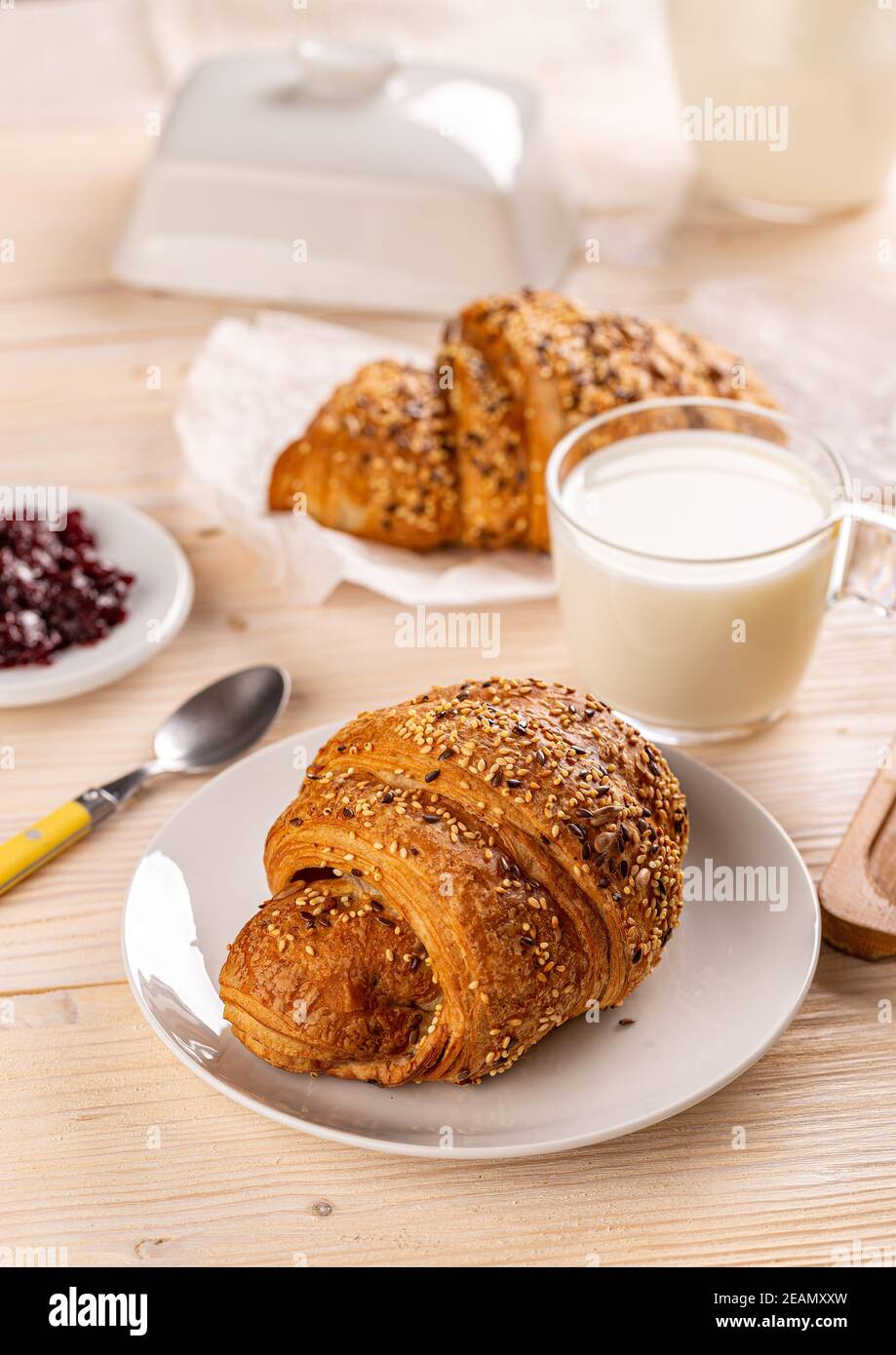 Traditional breakfast with croissant Stock Photo