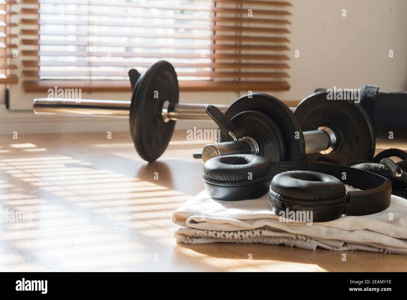 weights fitness for home with sunset Stock Photo