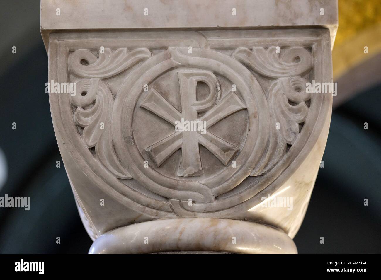 Pax symbol on a pillar in the church of Saint Blaise in Zagreb, Croatia Stock Photo